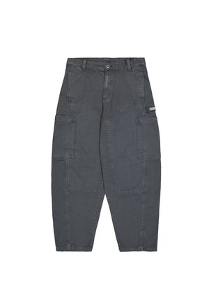 Graue Cargo-Hosen aus Baumwolle, mit mehreren großen Taschen, einer lockeren Passform und sichtbaren Nähdetails. Bund mit Knopfverschluss.