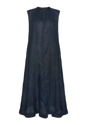 Vestido sin mangas azul oscuro hasta la rodilla con escote en V y dobladillo ligeramente acampanado.