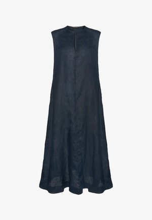 Bez rękawów, ciemnoniebieska sukienka do kolan z dekoltem w kształcie litery V i lekko rozszerzanym dołem.