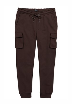 Dark brown cargo sweatpants with elastic waistband and drawstring, side flap pockets, front pockets, and cuffed ankles.