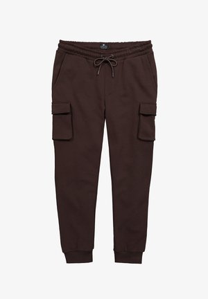Dark brown cargo sweatpants with elastic waistband and drawstring, side flap pockets, front pockets, and cuffed ankles.