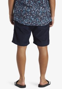 Navy corduroy shorts with a relaxed fit and side pockets; worn with black slide sandals. Back view, no notable patterns or accents.