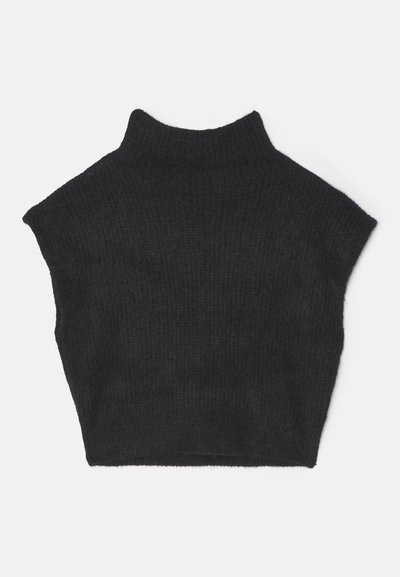 Pulover din tricot negru, cu guler înalt și fără mâneci, având un design scurt și o textură moale.