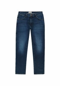 Jeans de mezclilla de color azul oscuro con un corte recto, que cuentan con cinco bolsillos, un cierre frontal de botón y un desvanecimiento mínimo en los muslos.