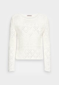 Biały dzianinowy sweter z długim rękawem, z teksturowanym wzorem w diamenty i okrągłym dekoldem, wykonany z lekkiego materiału.