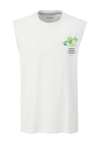 White sleeveless T-shirt featuring a graphic of green limes and leaves with text "GUARANTEED GENUINE 100% PURE SUMMER." Cotton material.
