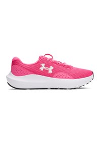 Rosa Sport-Schuhe mit einem atmungsaktiven Mesh-Obermaterial, weißer Zwischensohle, schwarzer Außensohle und Schnürdesign. Verfügt über ein Logo und Belüftungsöffnungen.