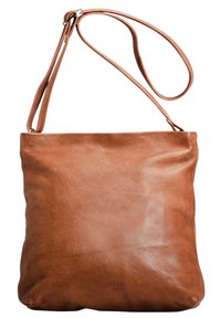 Brown leather shoulder bag with a smooth texture, rectangular shape, and a single adjustable strap. Brand name embossed at the bottom.
