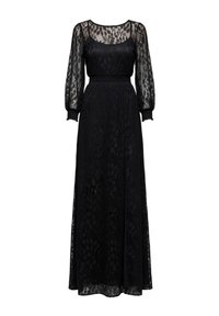 Sort lang kjole med gennemsigtigt blomsterblondeoverlay, lange pufærmer, tilspidset talje og rund halsudskæring.