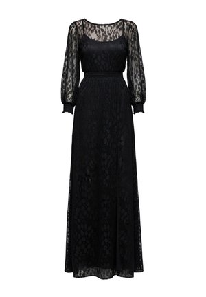 Musta pitkä mekko, jossa on läpikuultava kukallinen pitsikerros, pitkät pörröiset hihat, istuva vyötärö ja pyöreä pääntie.