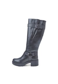 Botas de cuero negro hasta la rodilla con un tacón grueso, detalles de hebilla y un acabado texturizado en el caño.