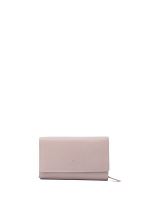 Portefeuille rectangulaire en cuir rose clair avec une fermeture à rabat et un logo embossé subtil sur le devant.