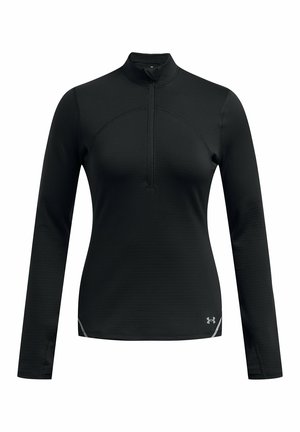Top atletico nero con maniche lunghe, colletto a metà zip, tessuto testurizzato e dettagli riflettenti vicino all'orlo inferiore.