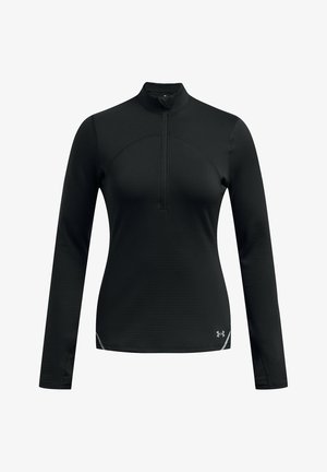 Top atletico nero con maniche lunghe, colletto a metà zip, tessuto testurizzato e dettagli riflettenti vicino all'orlo inferiore.