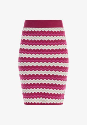 Kootud pliiatsiseelik, millel on sakiline muster roosa, valge ja kreemi tooni. Sile tekstuur, sobiv siluett ja soonikkoes vöökoht.