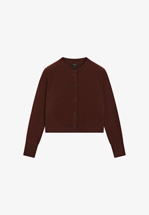 Maroon cropped cardigan made of soft material. Features a round neckline, long sleeves, and six black buttons at the front.