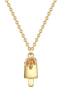 Gold necklace featuring a popsicle-shaped pendant with textured finish and orange crystal accents on top, hanging from a linked chain.