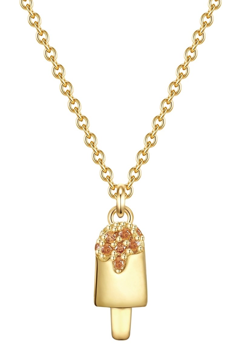 Gold necklace featuring a popsicle-shaped pendant with textured finish and orange crystal accents on top, hanging from a linked chain.