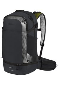 Zaino nero con accenti grigi testurizzati, dotato di una parte superiore con cerniera, tasche laterali e spallacci regolabili. Realizzato con materiali resistenti.