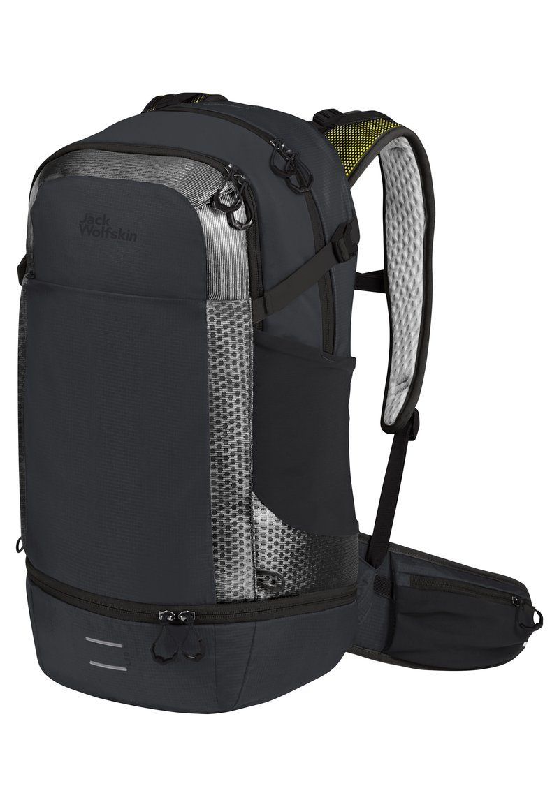 Zaino nero con accenti grigi testurizzati, dotato di una parte superiore con cerniera, tasche laterali e spallacci regolabili. Realizzato con materiali resistenti.
