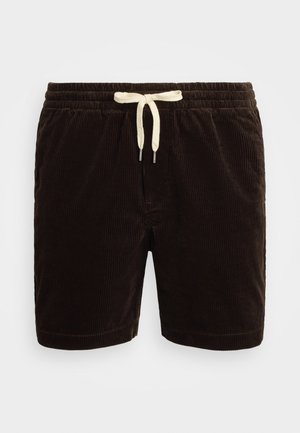 Brune kordfløyels-shorts med elastisk midjeband og kremfarget snor. Har vertikal rillet tekstur og sidelommer.