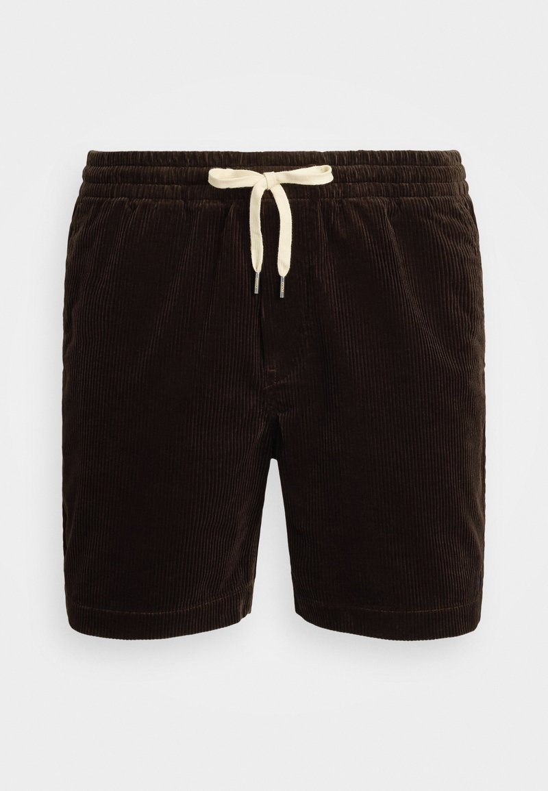 Brune corduroy shorts med en elastisk talje og cremefarvet snor. Har lodret ribbet tekstur og sidelommer.