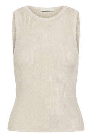 Sleeveless beige knit top with round neckline, fitted waist, and subtle metallic shimmer, branded with "GESTUZ" label inside collar.