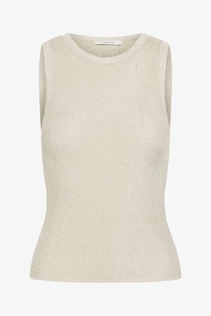 Sleeveless beige knit top with round neckline, fitted waist, and subtle metallic shimmer, branded with "GESTUZ" label inside collar.
