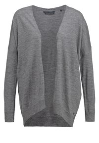 Cardigan gris, ligero, con un corte holgado, frontal abierto y mangas largas. Tiene puños acanalados y un sutil acento de logo en el dobladillo.