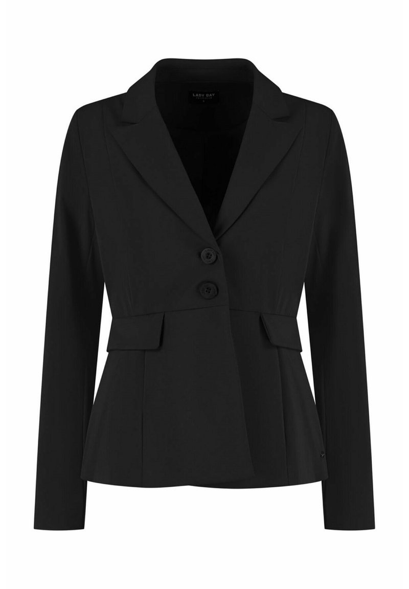 Zwarte op maat gemaakte blazer met een klassieke revers, twee knopen en zijzakken. Gemaakt van een soepel, gestructureerd stof met een getailleerde silhoutte.