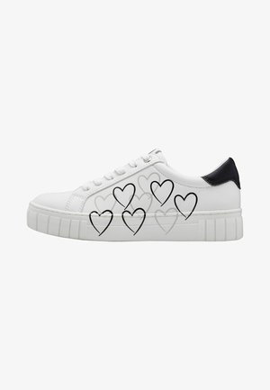 White sneaker with black accents, featuring a smooth leather upper and textured rubber sole, adorned with multiple heart outlines on the side.