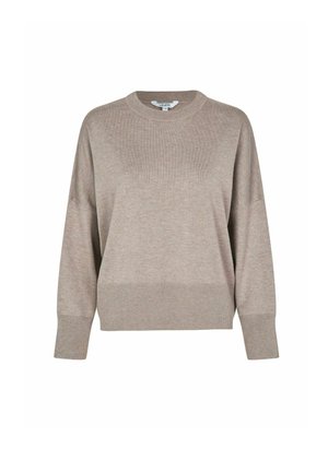 Light beige knit sweater with a round neckline, dropped shoulders, and ribbed cuffs and hem. Smooth texture, relaxed fit.