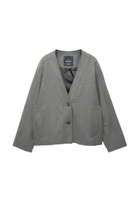 Sivi blazer jakna, izdelana iz teksturirane tkanine, z V-izrezom, dvema sprednjima žepoma in gumbom za zapiranje. Podložena notranjost.