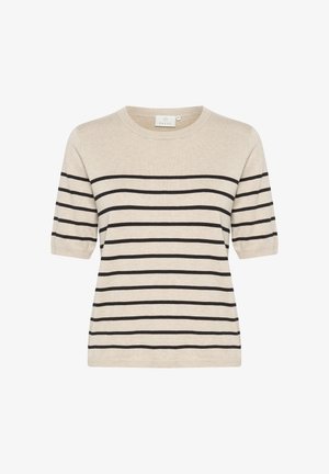 Beżowy sweter z krótkim rękawem w paski, wykonany z miękkiego materiału. Posiada poziome czarne paski, okrągły dekolt i luźny krój.