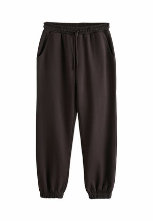 Černé joggingové kalhoty s elastickým pasem a manžetami na kotnících, předními kapsami a stahovací šňůrkou.