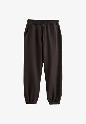 Black jogger pants with elastic waistband and ankle cuffs, front pockets, and a drawstring closure.