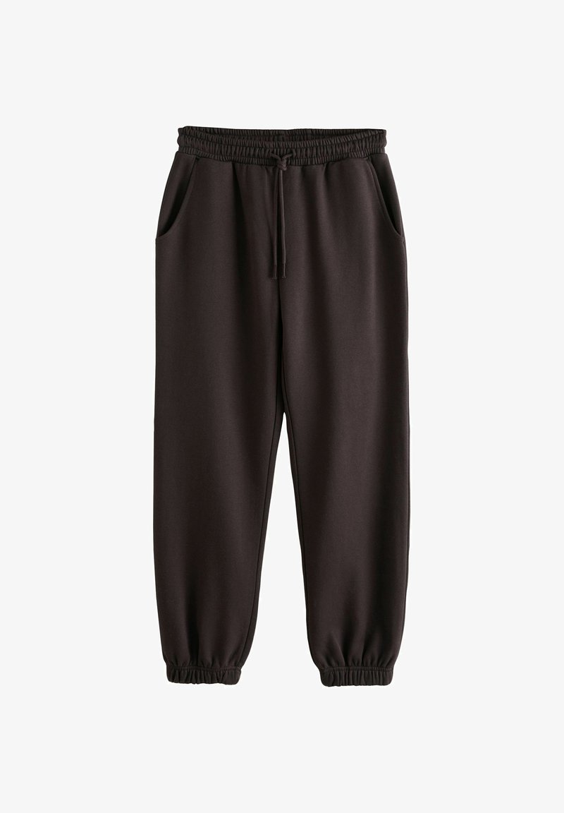 Schwarze Jogginghosen mit elastischem Bund und Knöchelabschlüssen, Fronttaschen und Kordelzugverschluss.