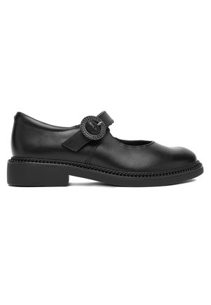 Černá kožená Mary Jane obuv s nízkým blokovým podpatkem, kulatou špičkou a ozdobným páskem s kulatou přezkou přes nárt.