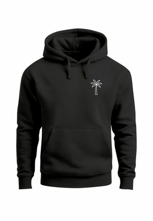 Black hooded sweatshirt with front pouch pocket and small white palm tree graphic on the left chest.
