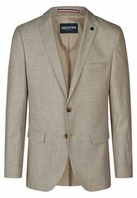 Beiger strukturierter Blazer mit Reverskragen, zwei Knöpfen und einer Brusttasche. Verfügt über ein gemustertes Futter und dezente gelbe Akzente.