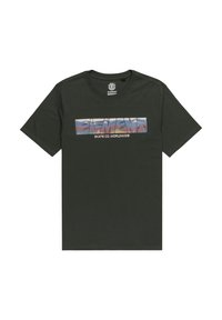 Mørkegrøn bomulds t-shirt med et rektangulært grafisk design, hvor der står "ELEMENT" og "SKATE CO. WORLDWIDE" i hvid, der fremkalder farverne fra en solnedgang.
