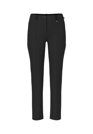 Schwarze maßgeschneiderte gerade Hosen mit Knopf- und Reißverschluss, Gürtelschlaufen und vorderem Bundfalten-Detail.