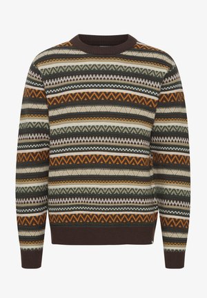 Strickpullover mit horizontalen Streifen in Braun, Grün, Orange und Creme. Gerippter Halsausschnitt und Bündchen mit einem strukturierten Muster im gesamten Pullover.