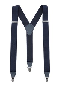 Granatowe szelki wykonane z elastycznego materiału, z fakturowanym wzorem, szarymi skórzanymi akcentami oraz srebrnymi klipsami do mocowania.