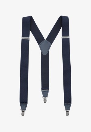 Granatowe szelki wykonane z elastycznego materiału, z fakturowanym wzorem, szarymi skórzanymi akcentami oraz srebrnymi klipsami do mocowania.