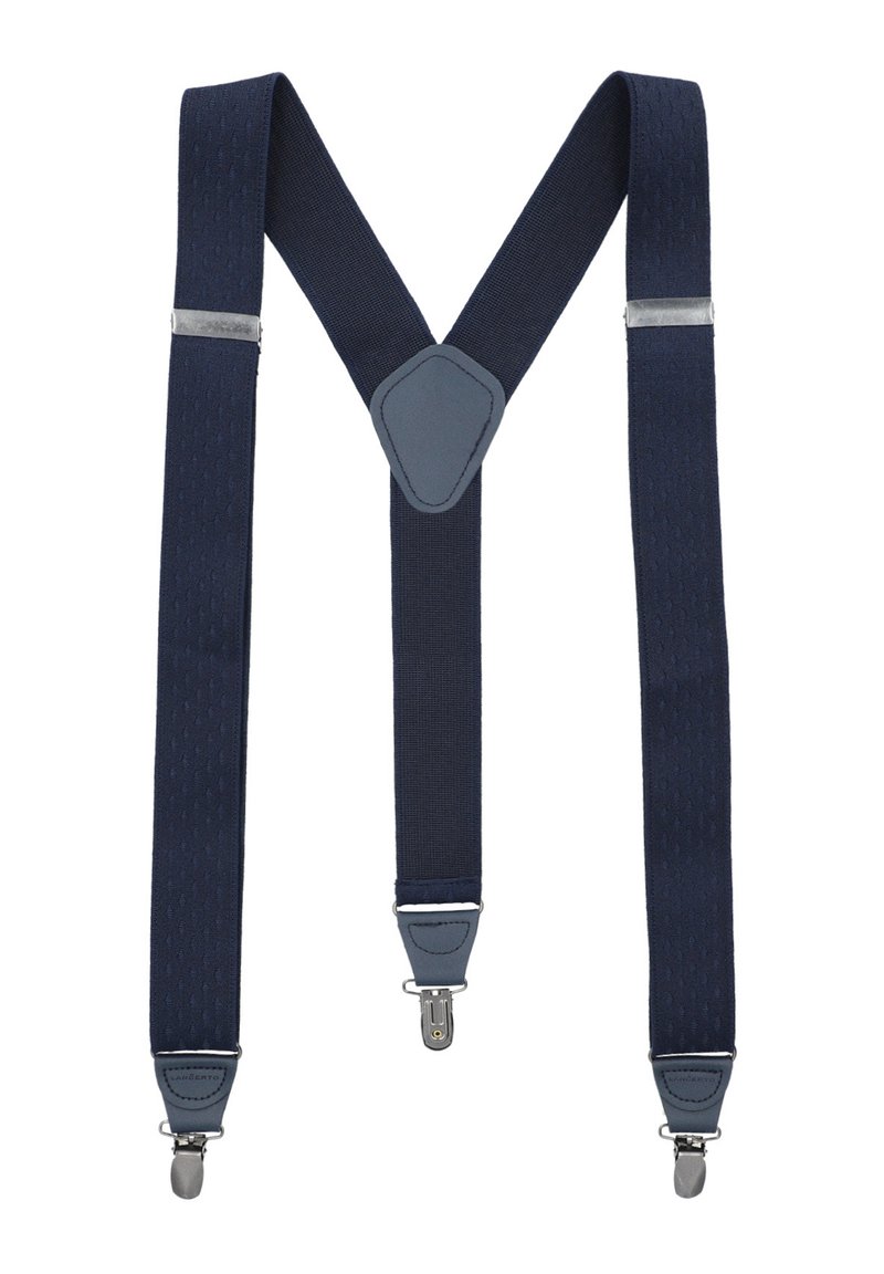 Granatowe szelki wykonane z elastycznego materiału, z fakturowanym wzorem, szarymi skórzanymi akcentami oraz srebrnymi klipsami do mocowania.