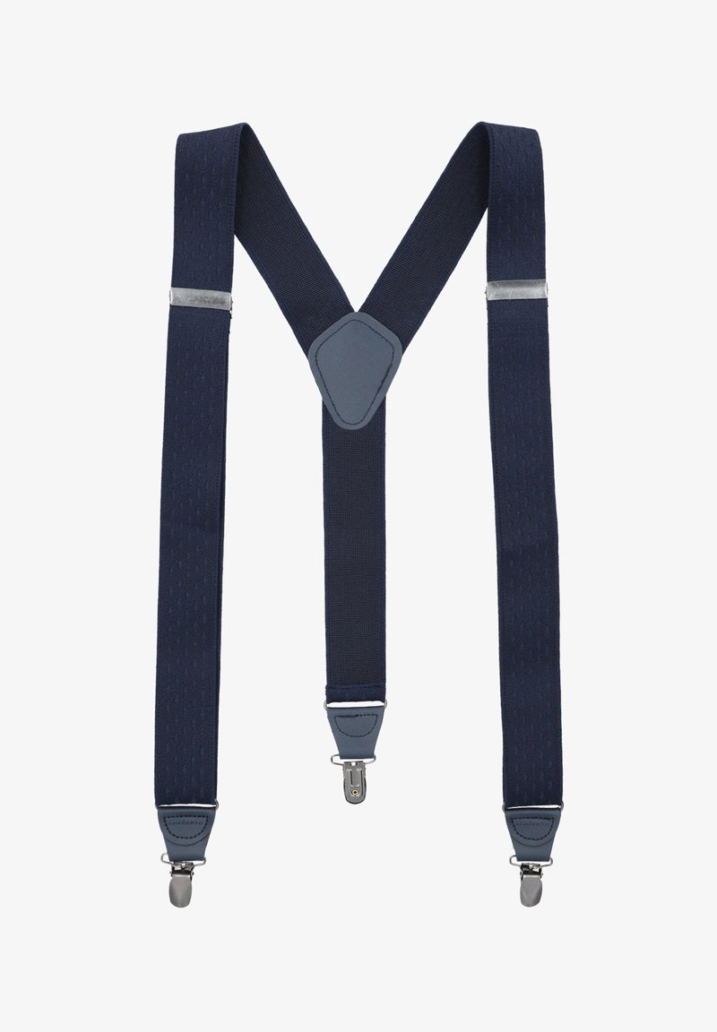 Granatowe szelki wykonane z elastycznego materiału, z fakturowanym wzorem, szarymi skórzanymi akcentami oraz srebrnymi klipsami do mocowania.