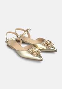 Zapatos planos metálicos dorados con punta afilada, que presentan un adorno joya en la parte frontal y correas para el tobillo ajustables. Textura suave.
