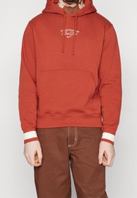 Rostfärgad hoodie med en framficka, justerbara snoddar och vit textlogo. Har ribbad mudd med kontrasterande ränder.