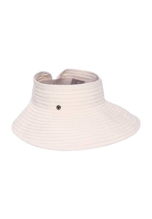 White fabric sun visor with wide, curved brim and a small round black logo on the front, open top design for head comfort.